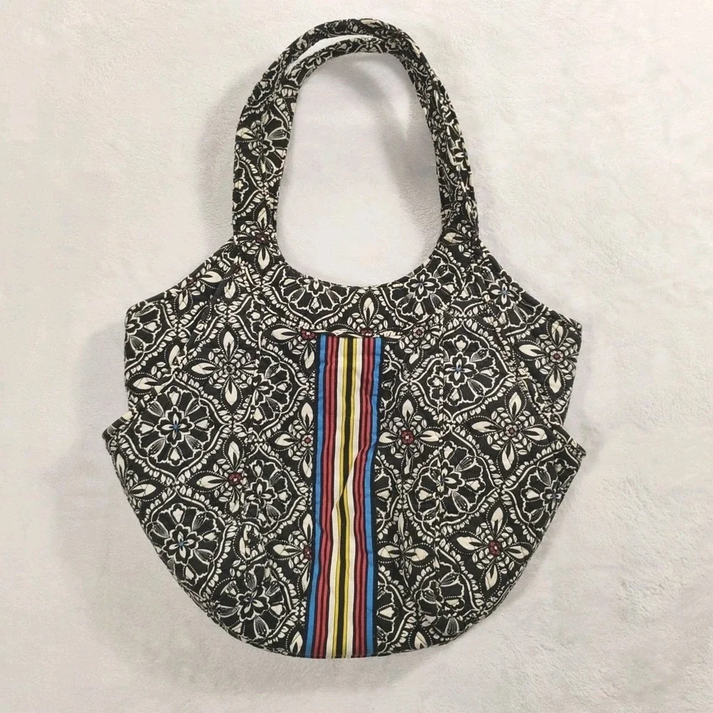 VERA BRADLEY BARCELONA BLACK‎ STRIPE HOBO HANDBAG Discontinued